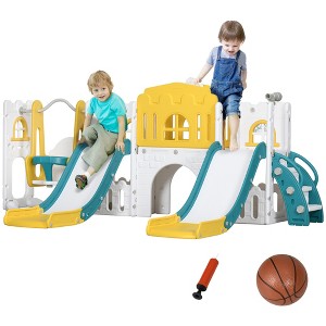BABYYER Toddler Slide and Swing Set with Basketball Hoop, Climber, Steering Wheel, Storage Space and Telescope, Indoor Outdoor Toy for Ages 1-3 - 1 of 4