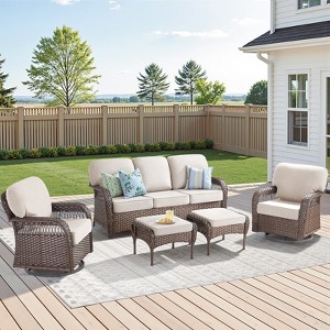 Buenhomino 6PCS Outdoor Furniture Set with 5" Thick Cushion, Outdoor Sofa Couch Set with Swivel Chairs and Ottoman, Brown Wicker Patio Furniture Set - 1 of 4
