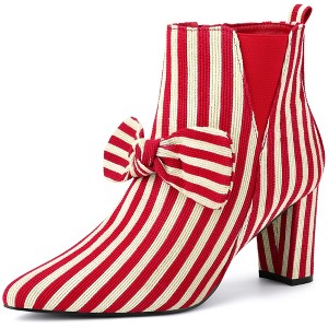 BLISSFUL STEP Bow Stripe Pointed Toe Chunky Heels Ankle Boots for Women - 1 of 4