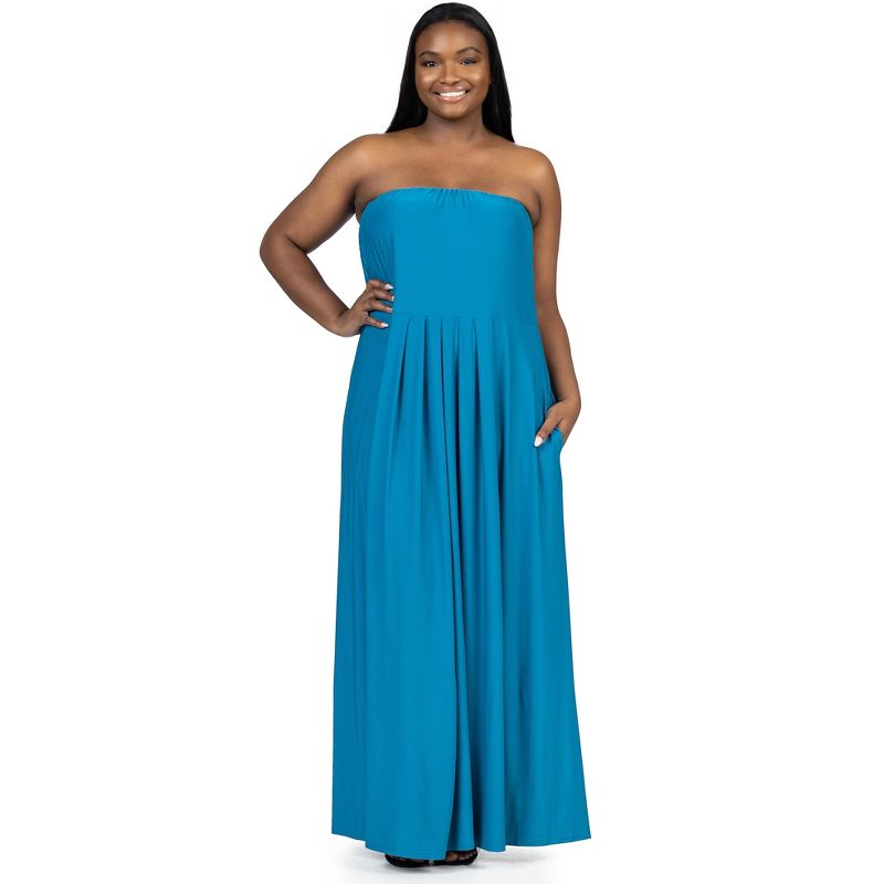 24seven Comfort Apparel Plus Size Pleated A Line Strapless Maxi Dress With Pockets, 1 of 7