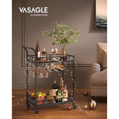 Black Steel Bar Cart with Mirrored Shelves and Wine Holders