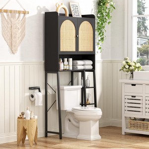 Rattan Over The Toilet Storage Cabinet with Adjustable Shelf and Wood Rack, Tall Storage Shelves - 1 of 4