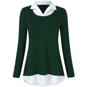 Women's Long Sleeve Contrast Collared Shirts Patchwork Work Blouse Tunics Tops - 1 of 4