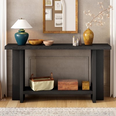 Vintage Accent Table with Carved T-Leg Base,Rectangular MDF Console Table with Open Shelf,Entryway Table for Living Room Hallway-Coolbibila