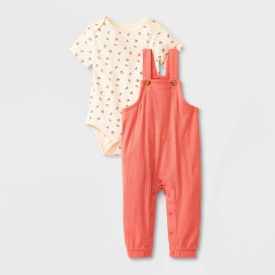 Image of Baby Girls' 2pc Short Sleeve Bodysuit & Overalls Set - Cat & Jack™ Peach Orange 3-6M
