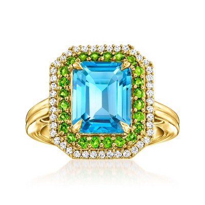 Ross-Simons 3.60 Carat Swiss Blue Topaz and .30 ct. t.w. Chrome Diopside Ring With .20 ct. t.w. White Zircon in 18kt Gold Over Sterling Size 9