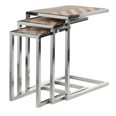 Set of 3 Mango Wood and Stainless Steel Nesting Tables Brown - Olivia & May