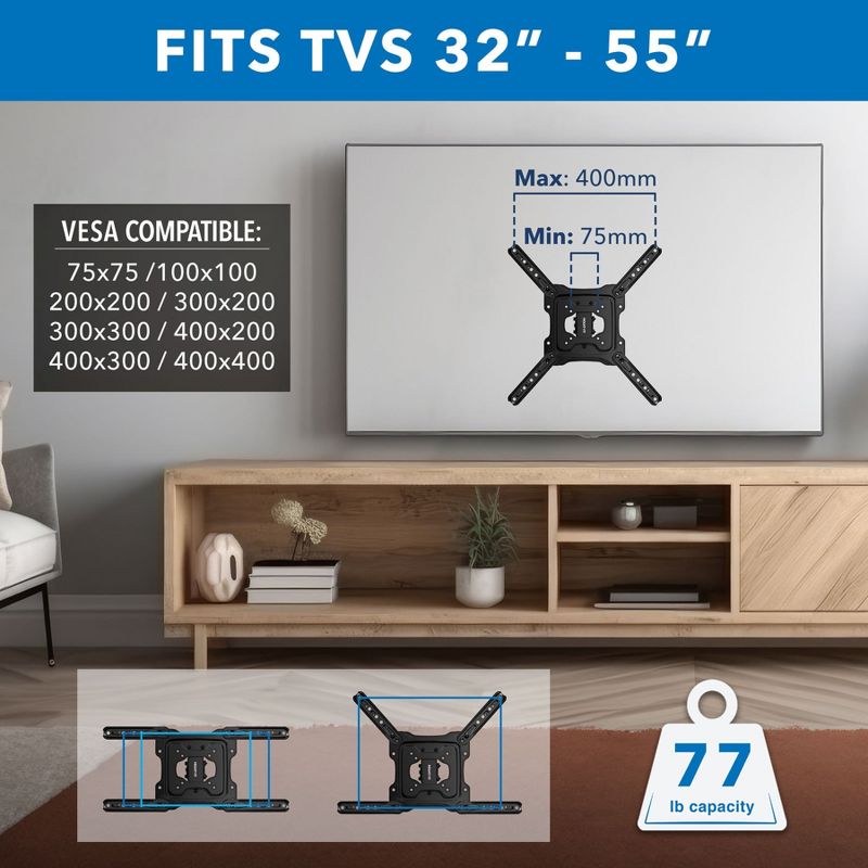 Mount-It! UL Certified Full Motion TV Wall Mount for Most 32 - 55 Inch Flat Screen TVs, Full Motion TV Bracket Max VESA 400x400, Holds up to 77 Lbs., 4 of 10