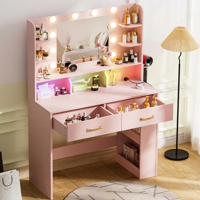 COMHOMA Vanity Desk with Mirror and LED Lights, Hairdryer Holder, 5 Drawers, Bedroom Dresser Table for Girls
