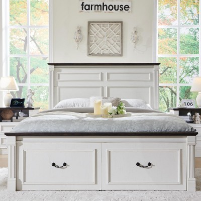 SinCiDo Farmhouse Wood Platform Bed Frame, 51" Headboard, 20" Roman Column Footboard, 2 Storage Drawers, Box Spring Not Needed