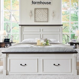 SinCiDo Farmhouse Wood Platform Bed Frame, 51" Headboard, 20" Roman Column Footboard, 2 Storage Drawers, Box Spring Not Needed - 1 of 4