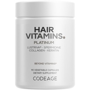 Codeage Hair Vitamins Platinum - Lustriva Hair Growth Support, Biotin, Keratin, Collagen, Enzymes, Omega-3, Multivitamins, Probiotics, 90 Capsules - 1 of 4