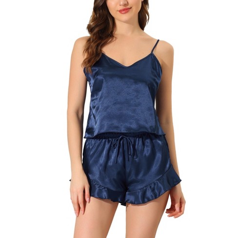 cheibear Women s Satin Spaghetti Cami Tops Shorts Sleepwear Lounge Sets Blue Large