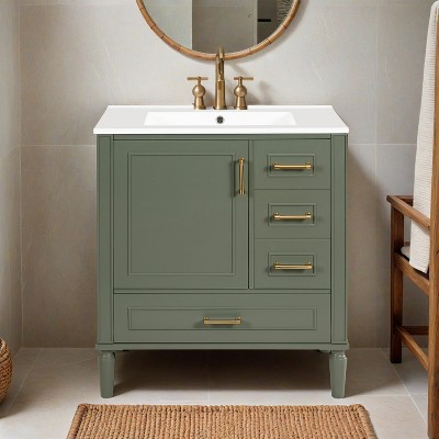 30" Bathroom Vanity with Ceramic Sink, Soft-Close Door with Built-in Shelf, Deep Drawer, Standard Drawer, Long Divider Drawer - Leovsnove