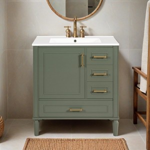 30" Bathroom Vanity with Ceramic Sink, Soft-Close Door with Built-in Shelf, Deep Drawer, Standard Drawer, Long Divider Drawer - Leovsnove - 1 of 2