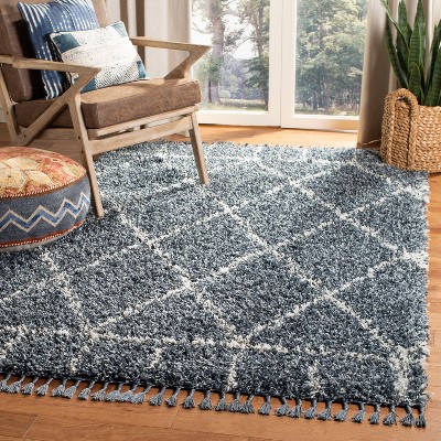 Luxurious Boho-Chic Blue Geometric Shag Area Rug 59in