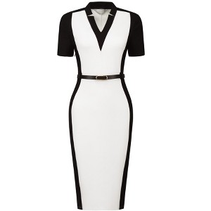 Hobemty Women's Contrast Color V Neck Short Sleeve Office Pencil Sheath Dresses - 1 of 4