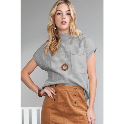 I AM A FASHION JUNKY Pink Patch Pocket Ribbed Knit Short Sleeve Sweater