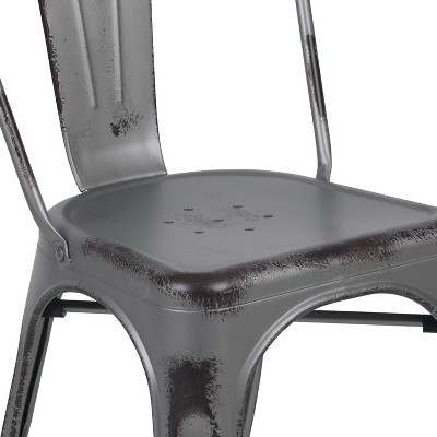 Distressed Silver Gray Metal Indoor-Outdoor Stackable Armless Chair