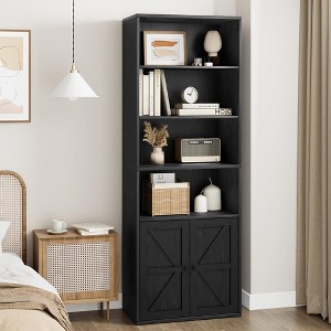 Bookcase with Doors Farmhouse Bookshelf 11.8in Depth Wooden Display Storage Shelves 71.4in Tall Bookcases - 1 of 4