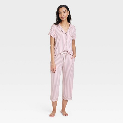 Women's Beautifully Soft Short Sleeve Notch Collar Top and Pants Pajama Set  - Stars Above™ Pink M