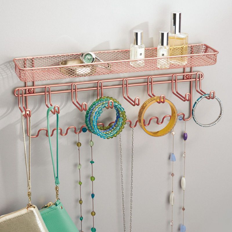 mDesign Steel Wall Mount Jewelry Organizer Rack with 8 Hooks/Basket, 2 of 9