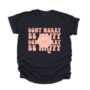 Simply Sage Market Women's Don't Worry Be Happy Smiley Face Short Sleeve Garment Dyed Tee - 1 of 4