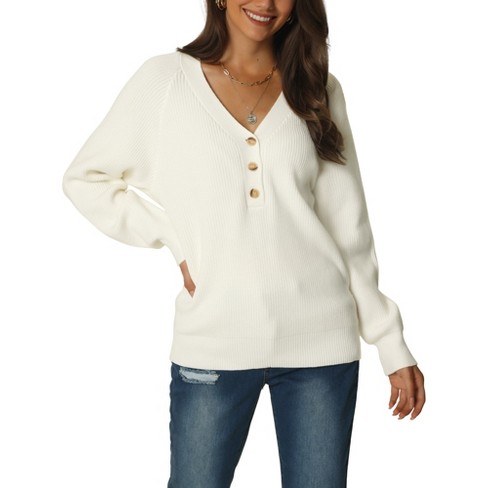 Seta T Women's Long Sleeve V Neck Button Solid Color Ribbed Knit Casual  Pullover Sweaters White M : Target
