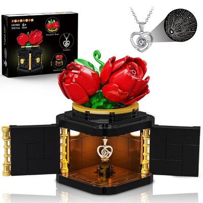 HOGOKIDS Flower Box Building Set Preserved Roses with Heart Necklace on Birthday Valentine's, Mother's Day, Anniversary(312 PCS)