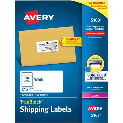 Avery Permanent-Adhesive Shipping Labels with TrueBlock Technology For Laser Printers, 2 x 4 Inches, White, Box of 1000