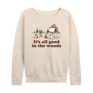 Women's - Peanuts - All Good In The Woods Lightweight French Terry Wide Neck Long Sleeve Shirt - 1 of 4