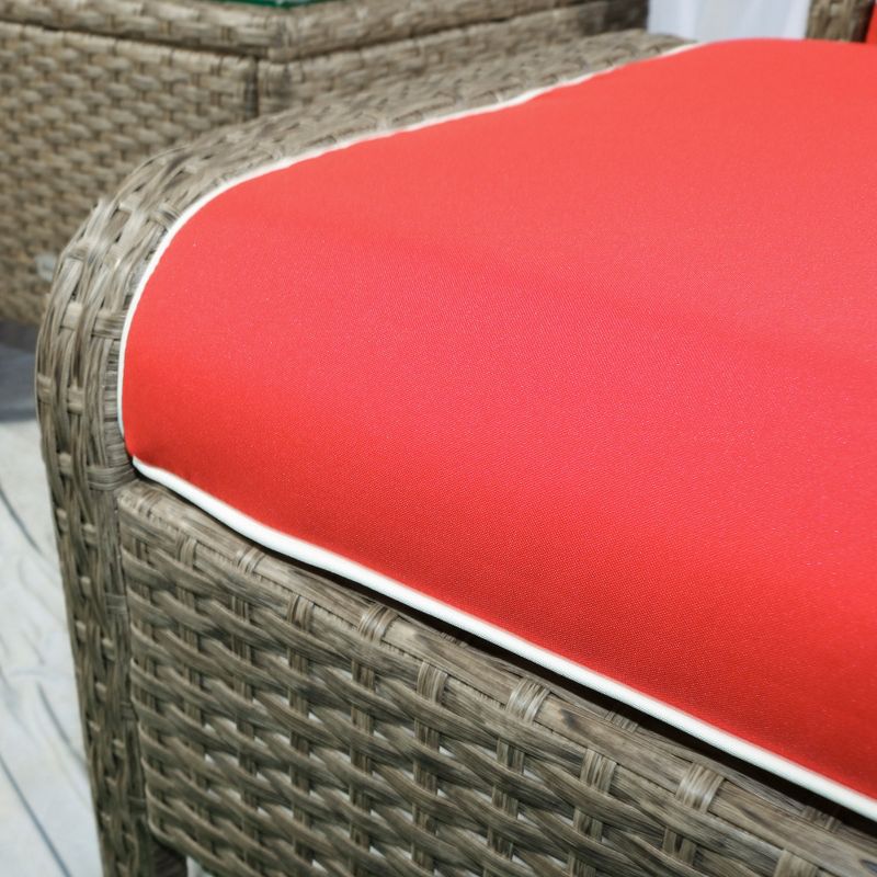 Outsunny 5 Pieces Rattan Wicker Lounge Chair Outdoor Patio Conversation Set with 2 Cushioned Chairs, 2 Ottomans & Glass Top Coffee Table, Red, 5 of 7
