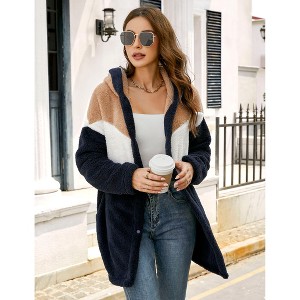 Women's Fuzzy Hoodies Color Block Cardigan Oversized Pockets Warm Jackets Fleece Hoodies - 1 of 4