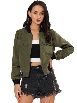 INSPIRE CHIC Women's Stand Collar Zip Up Flap Pocket Bomber Jacket