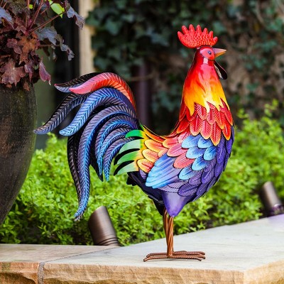 Vibrant Multicolor Metal Rooster Garden Statue 20.87 inches