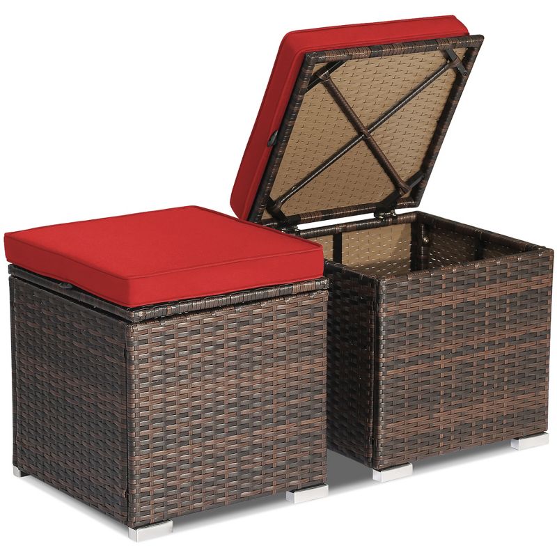 Costway 2PCS Patio Rattan Ottomans Seat Side Table Storage Box Footstool with Cushions Red/Grey, 1 of 11