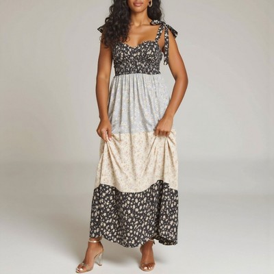 Knit & Lounge Women's Tiered Maxi Dress with Smocked Bodice Adjustable Tie Straps Colorblock Floral Print