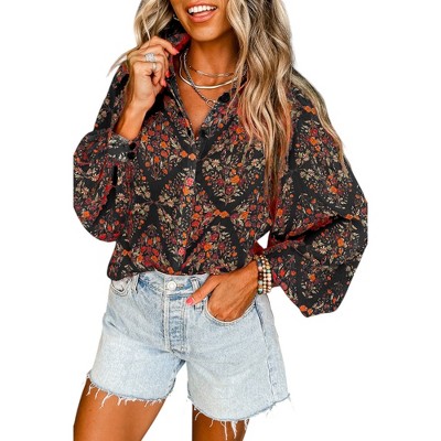 Amaryllis Women’s Black Floral Button Down Blouse with Balloon Long Sleeves Collar Neckline Lightweight