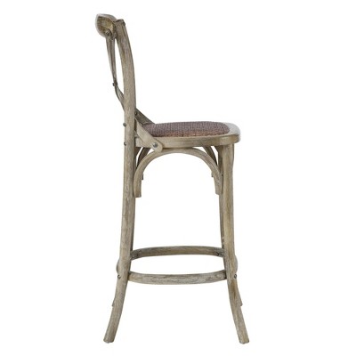 Farmhouse Charm Gray Elm Wood Counter Stool with Woven Rattan Seat