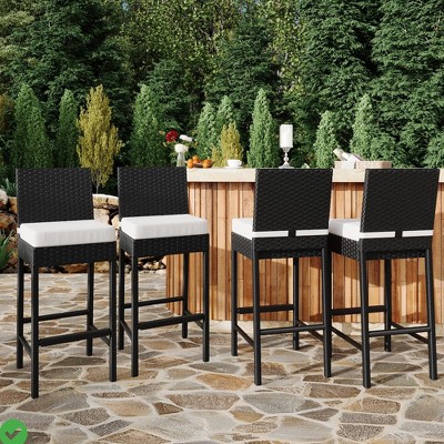 Outdoor Wicker Bar Stools Set of 2/4 Patio Wicker Barstools w/ Cushions Armless Rattan Bar Height Stool Set
