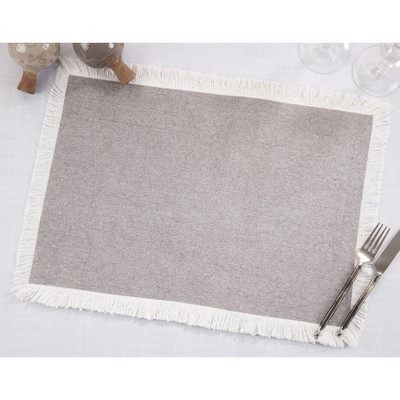 Gray Cotton Rectangle Placemats with Fringe Border, Set of 4