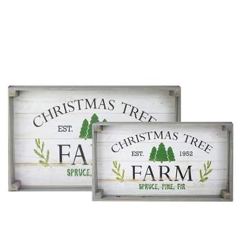 Northlight Set of 2 Gray and White Farm Fresh Christmas Trees Wooden Tray Hanging Signs 21"
