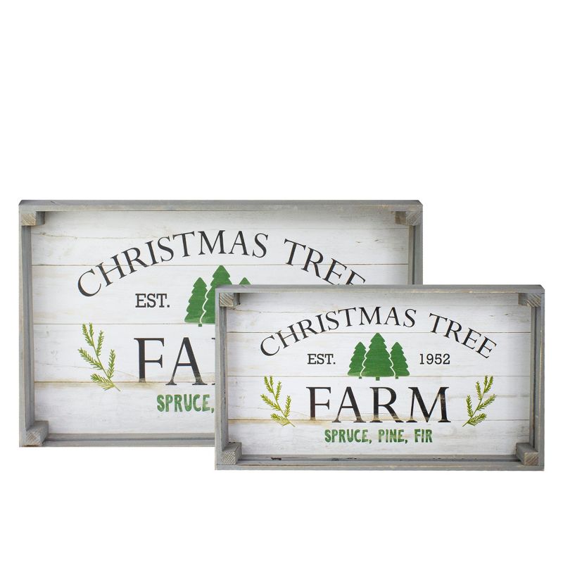 Northlight Set of 2 Gray and White Farm Fresh Christmas Trees Wooden Tray Hanging Signs 21", 1 of 6