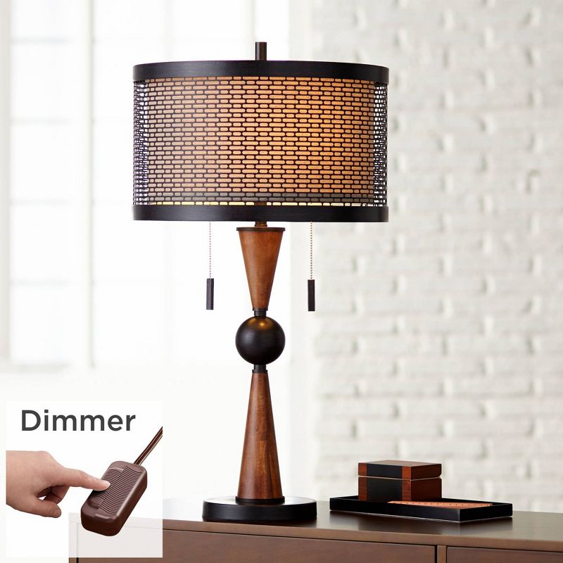 Franklin Iron Works Hunter Rustic Farmhouse Table Lamp with Table Top Dimmer 29 3/4" Tall Bronze Cherry Wood Metal Double Drum Shades for Bedroom Kids, 2 of 7