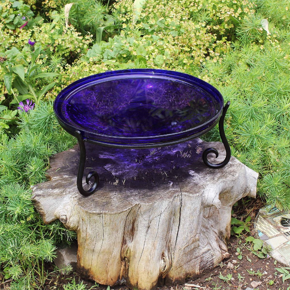 Achla Designs 6" Reflective Crackle Glass Birdbath Bowl with Stand: Handblown, No Assembly, Short Wrought Iron Base - thumbnail 2