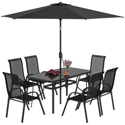 Outsunny 8 Piece Patio Furniture Set with Umbrella, Outdoor Dining Table and Chairs, 6 Chairs, Push Button Tilt and Crank Parasol, Glass Top