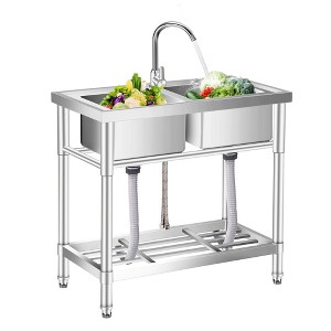 Stainless Steel Utility Sink, Freestanding Double Bowl with Pull-Out Hot & Cold Faucet, Storage Shelf - 1 of 4