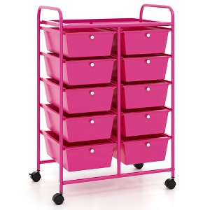 Tangkula 10 Drawers Rolling Cart Classroom Organizers Storage Cart with Wheels for Teacher Office Home School Supplies Tool Craft Hot Pink - 1 of 4