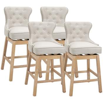 HOMCOM Upholstered Fabric Bar Height Bar Stools Set of 4, 180° Swivel Nailhead-Trim Pub Chairs, 30" Seat Height with Rubber Wood Legs, Cream