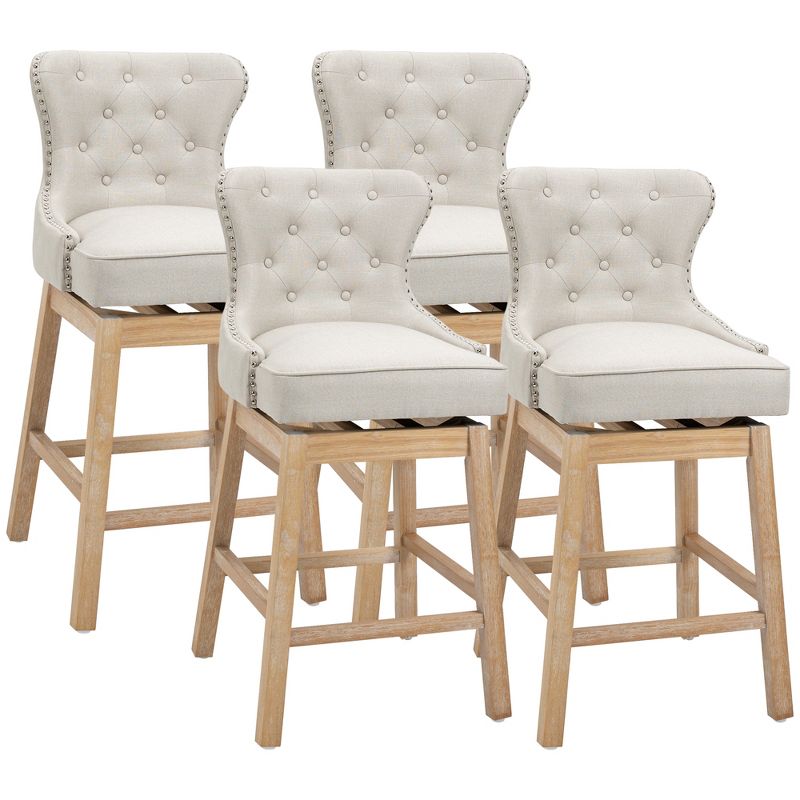 HOMCOM Upholstered Fabric Bar Height Bar Stools Set of 4, 180° Swivel Nailhead-Trim Pub Chairs, 30" Seat Height with Rubber Wood Legs, Cream, 1 of 7